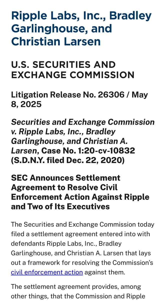SEC and Ripple Settle XRP Lawsuit With $50 Million Payment, Dropping Appeals Pending Court Lifting Injunction