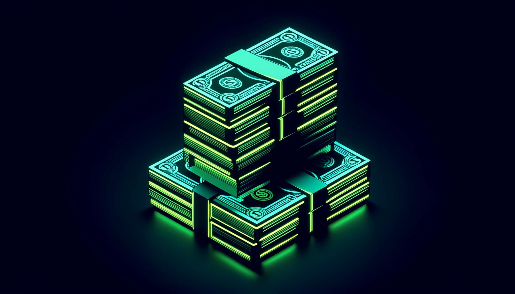 dollar bills stacking up, glowing in neon green