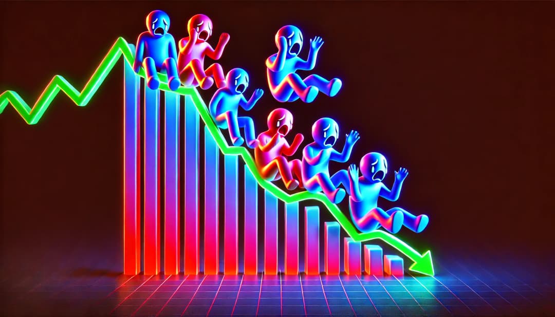 sad investors atop a downtrending chart
