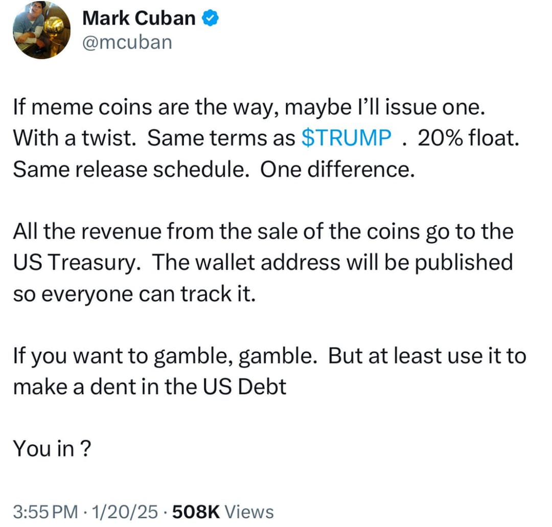 Mark Cuban Considers Memecoin Launch to Reduce U.S. Debt with Trump-Inspired Terms