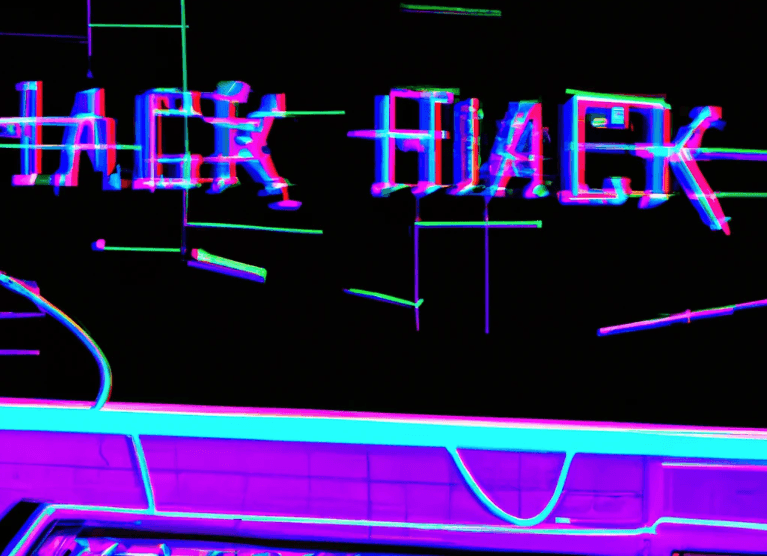 abstract image of computer with words hack on top of it in neon colors