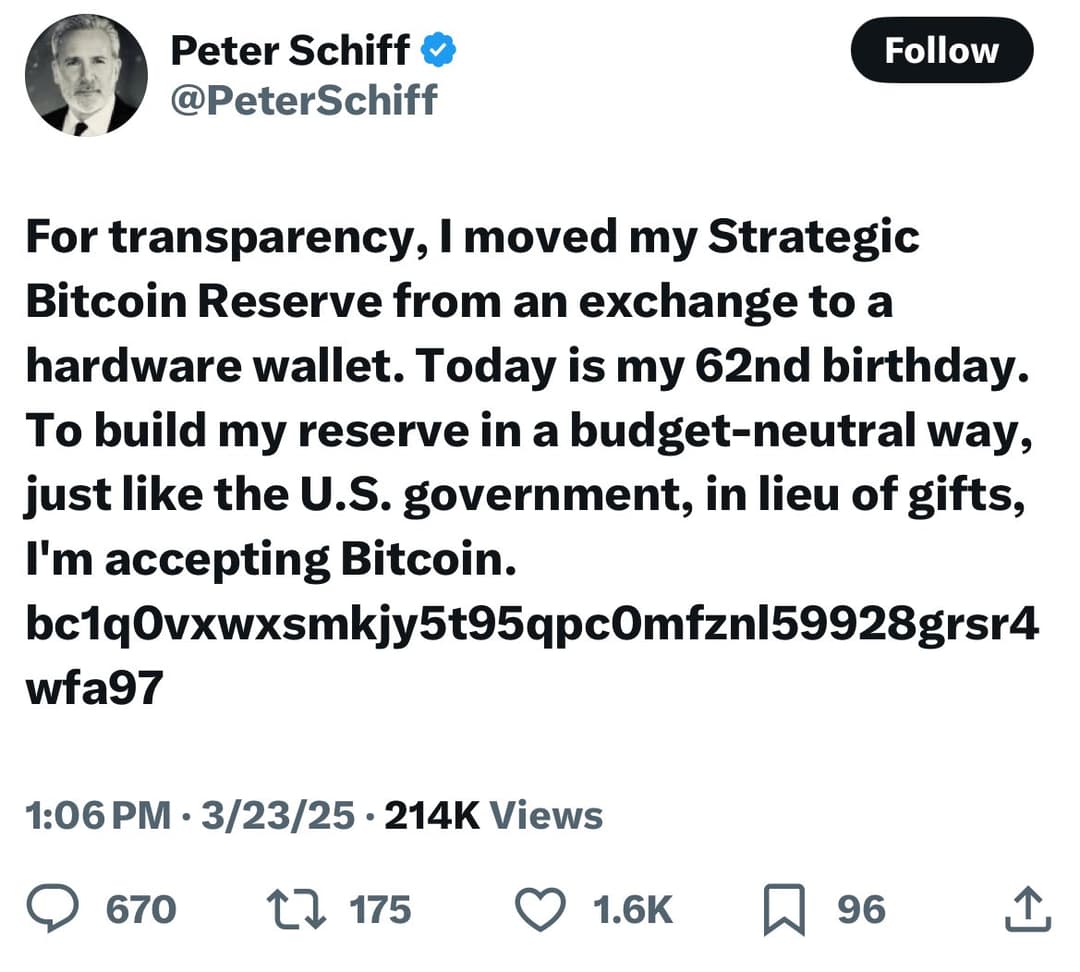 Peter Schiff Requests Bitcoin Gifts for 62nd Birthday, Accepts Bitcoin for Strategic Reserve Shift
