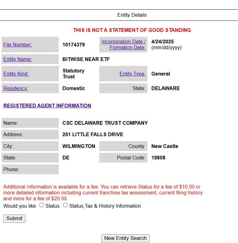 Bitwise Registers 'Bitwise NEAR ETF' in Delaware on April 24 Amid SEC Review Delays