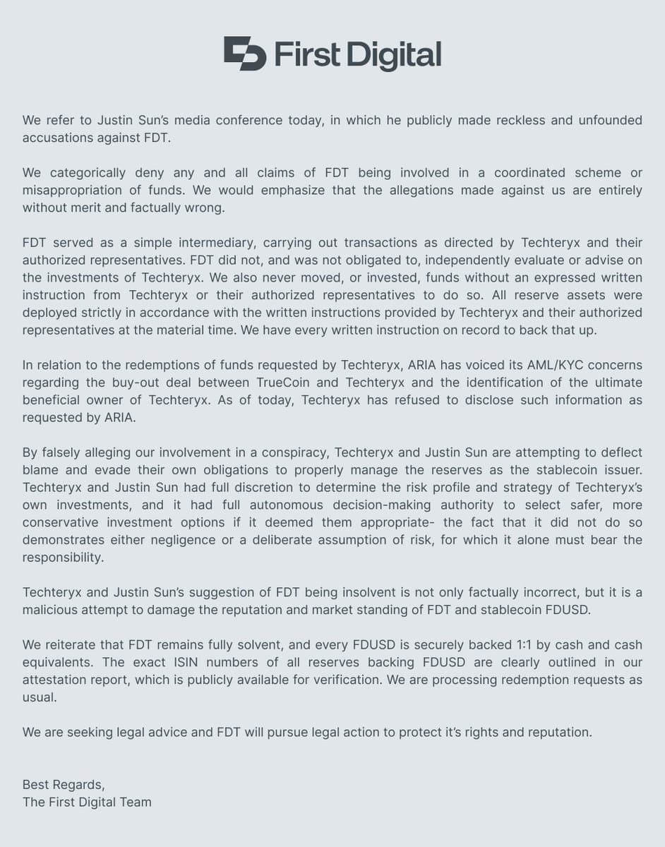Justin Sun Accuses First Digital Trust of $500M Misappropriation, Prompting FDUSD Depeg and TUSD Bailout