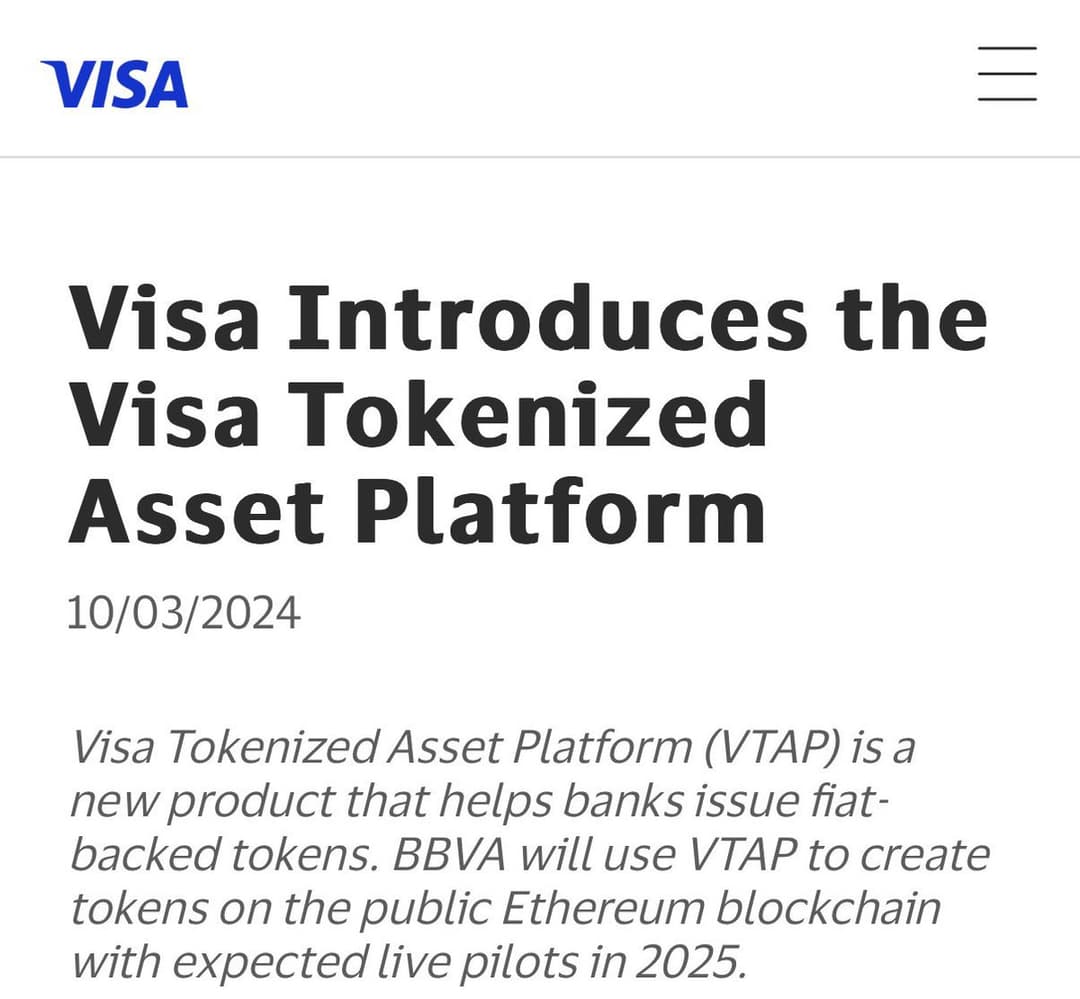 Visa to Launch Tokenized Asset Platform on Ethereum Blockchain, Pilots Set for 2025; $ETH Institutional Adoption Accelerates with 11.42% Staked by Coinbase