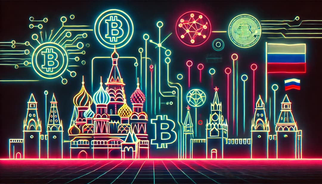russia landmarks and flags with bitcoin logos overlaid 