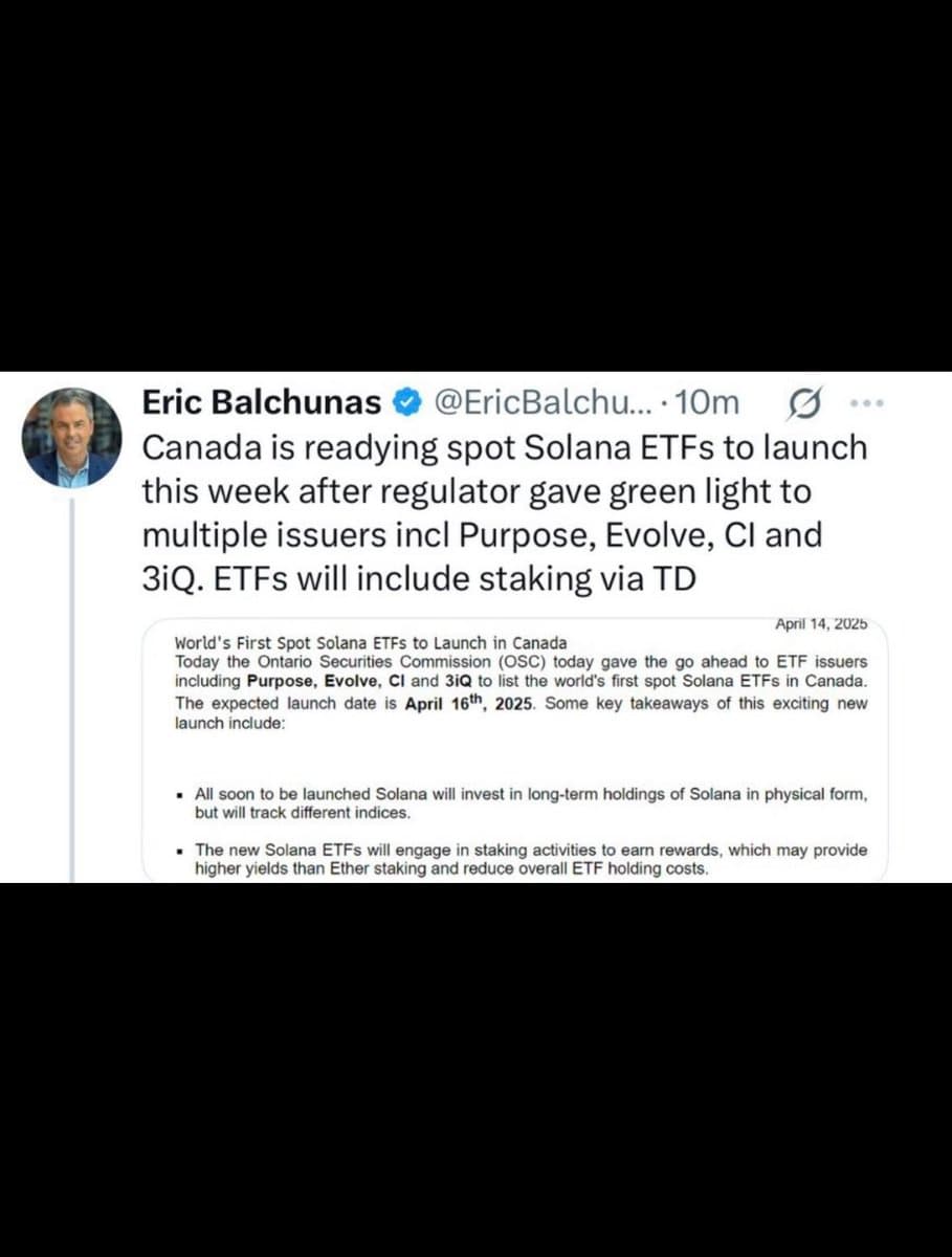 Canada to Launch World's First Spot Solana ETFs with Staking on April 16
