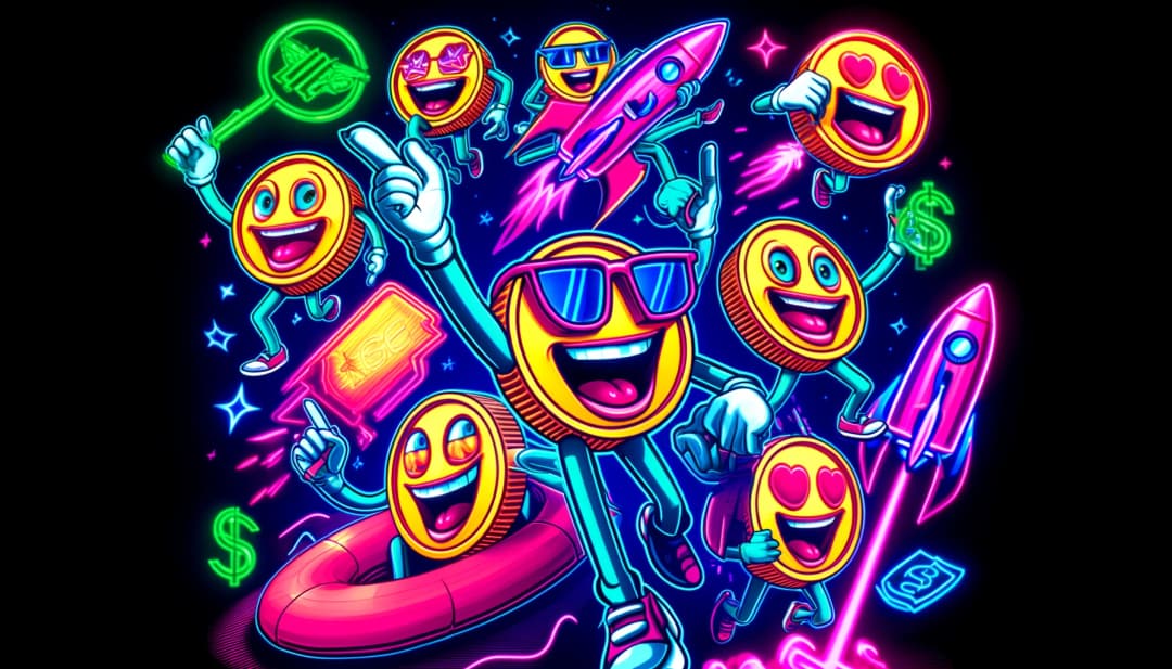cartoon-like memecoins with exaggerated expressions