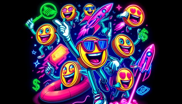 cartoon-like memecoins with exaggerated expressions