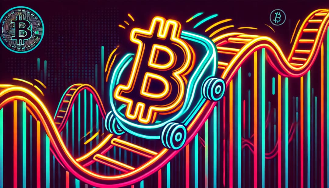 Bitcoin symbol on a rollercoaster in neon colors