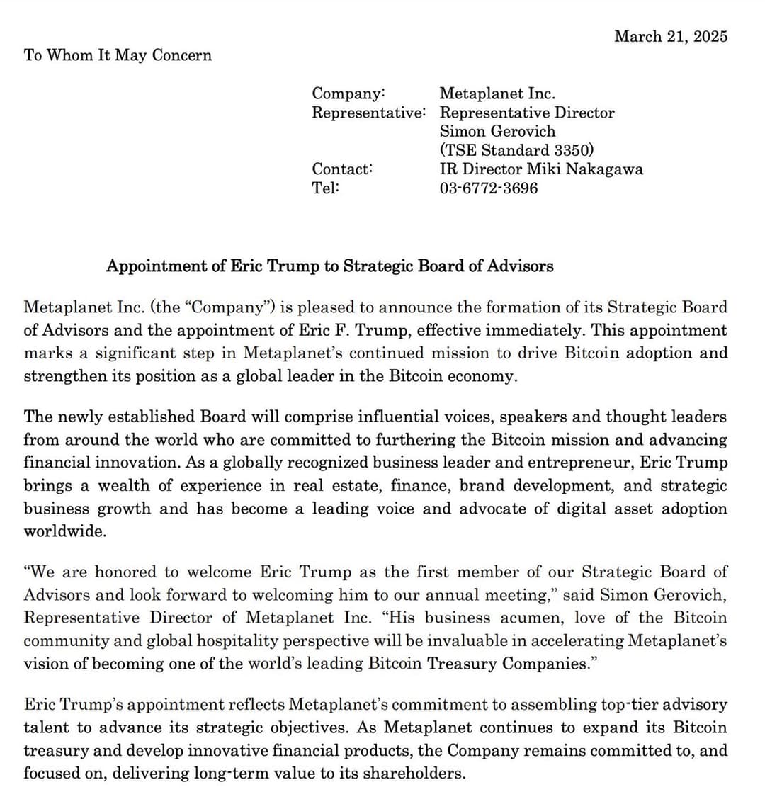 Metaplanet Appoints Eric Trump to Drive Bitcoin Adoption, Stock Surges 17.8% to 4,730 Yen