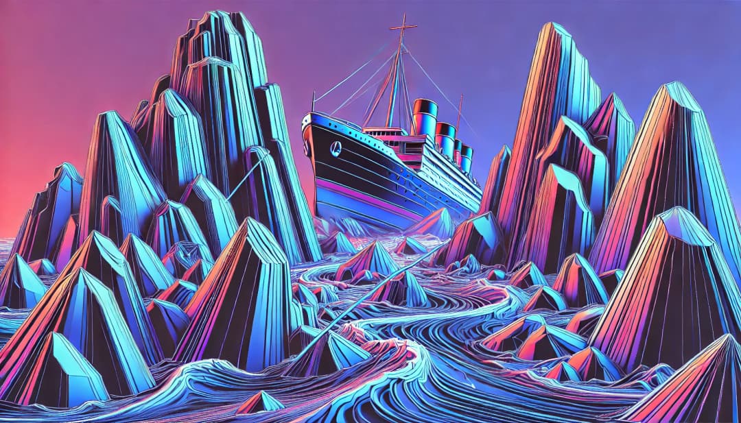 large ship attempting to navigate rocky water