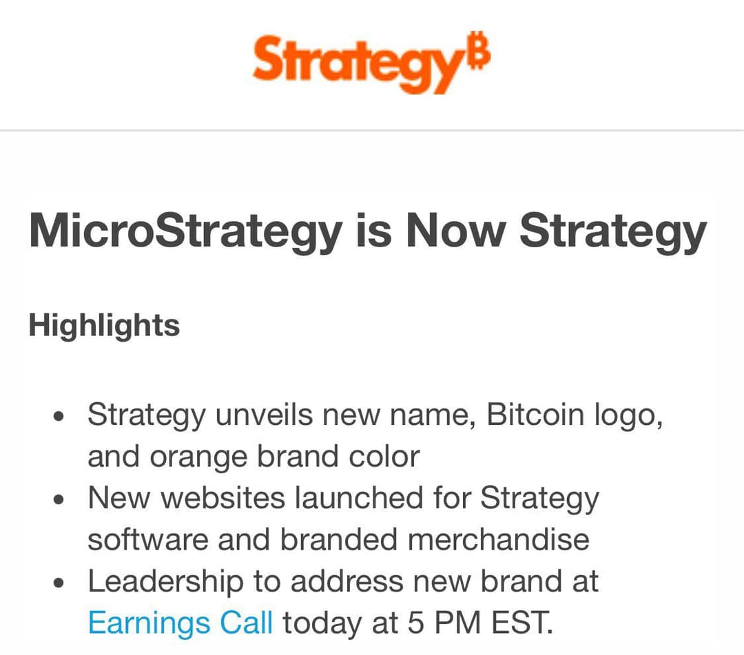 MicroStrategy Rebrands to Strategy with New Bitcoin Logo and Orange Color, Earnings Call at 5 PM EST