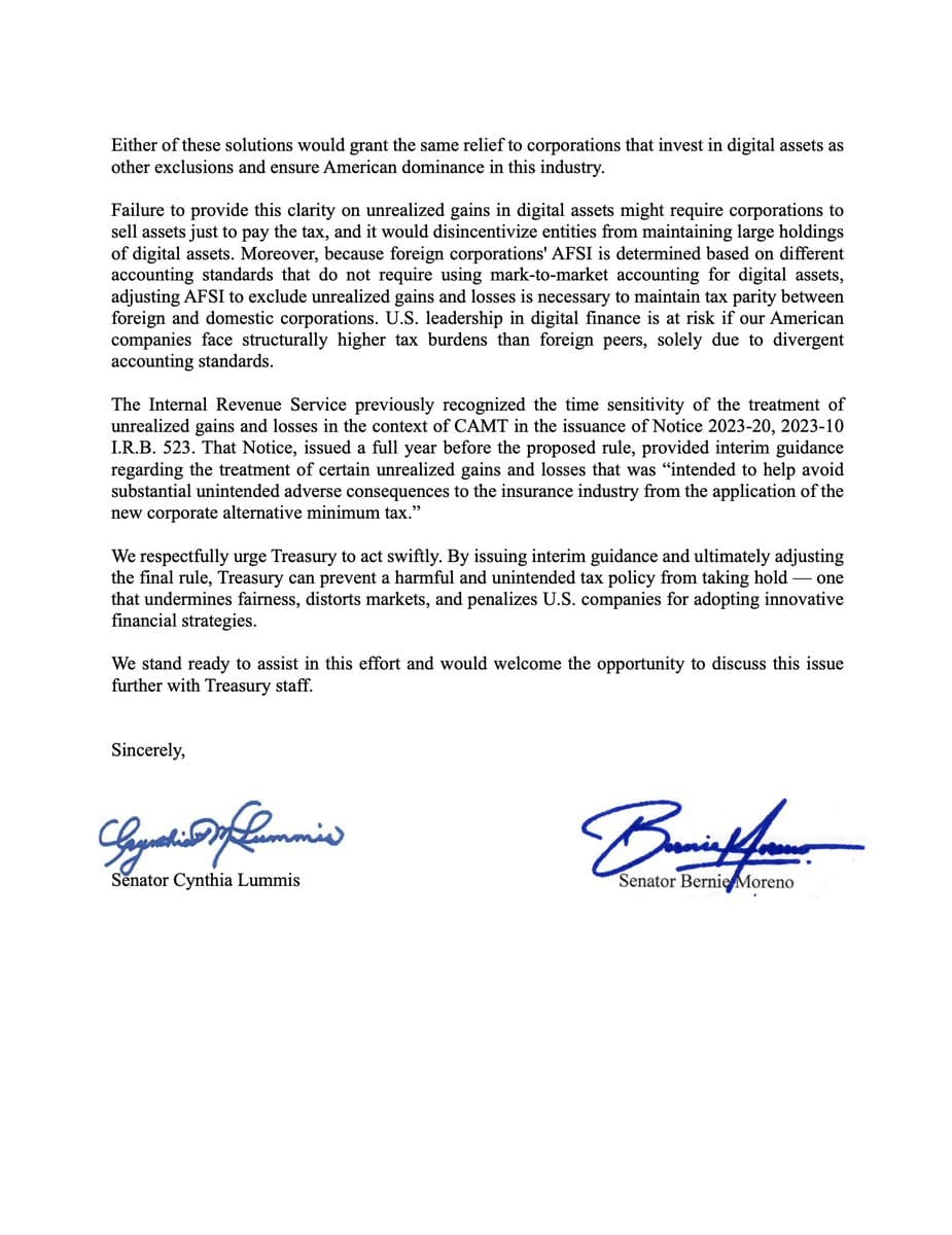 Senators Lummis and Moreno Urge U.S. Treasury to Eliminate Tax on Unrealized Gains for Bitcoin and Digital Assets