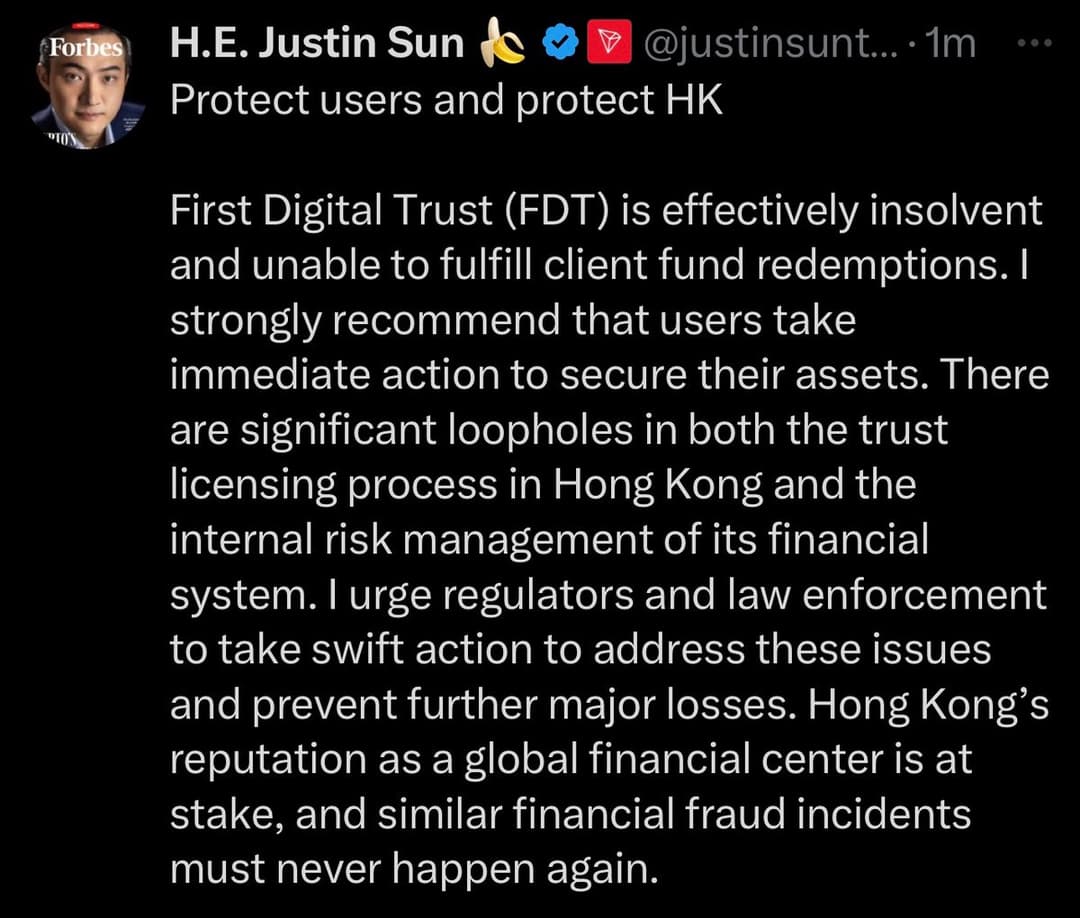 Justin Sun Declares First Digital Trust Insolvent, FDUSD Depegs as Binance Holds $1.67B