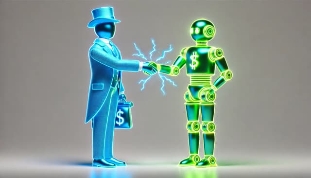 financier shaking hands with ai robot