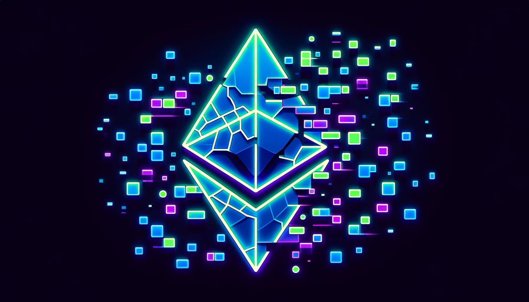 Ethereum symbols broken into pieces and arranged in a fragmented pattern