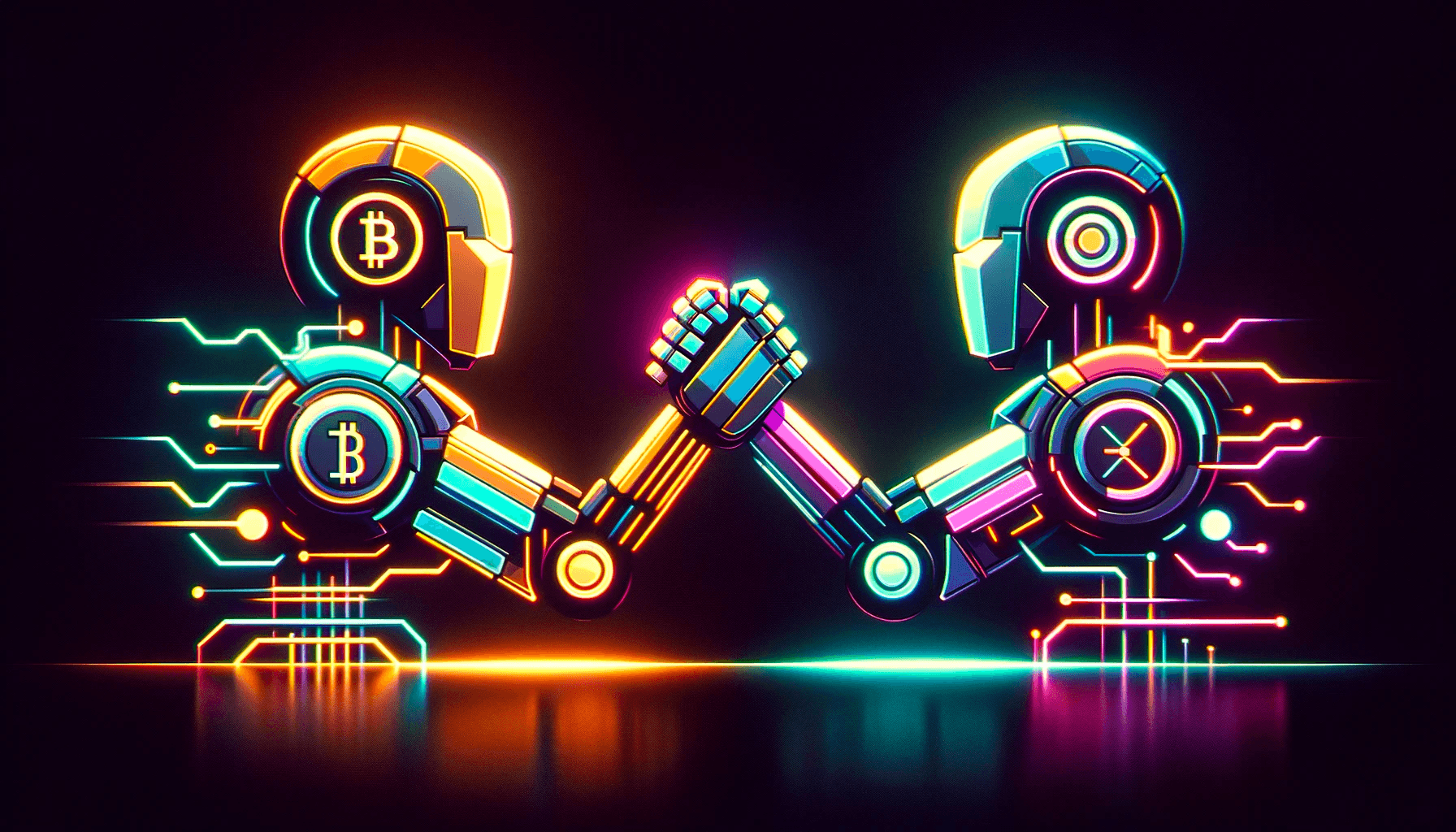 two robots, one representing cryptocurrency and the other representing artificial intelligence, interlocking their arms