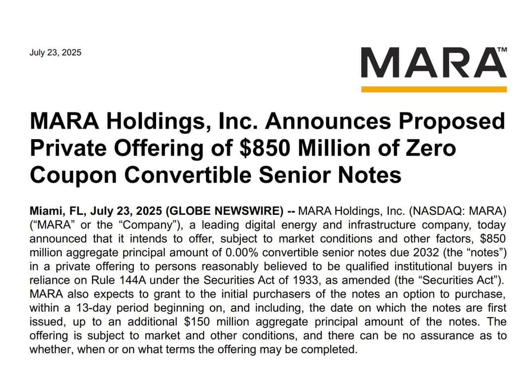 Bitcoin Miner MARA Plans $850 Million Zero-Coupon Convertible Notes Offering