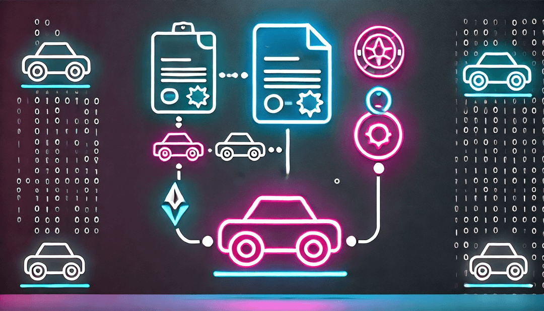  image with neon colors, depicting car titles being downloaded onto a blockchain