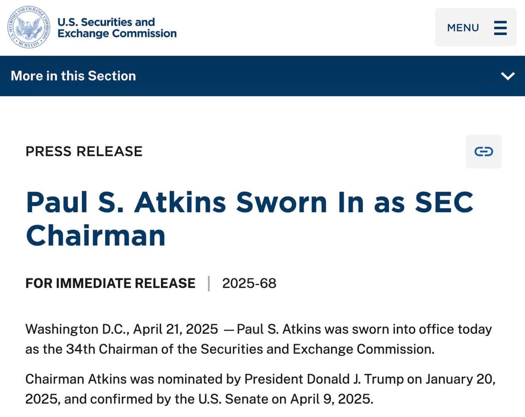 Trump-Nominated Paul Atkins Sworn In as 34th SEC Chairman, Aims to Review 72 Crypto ETF Applications