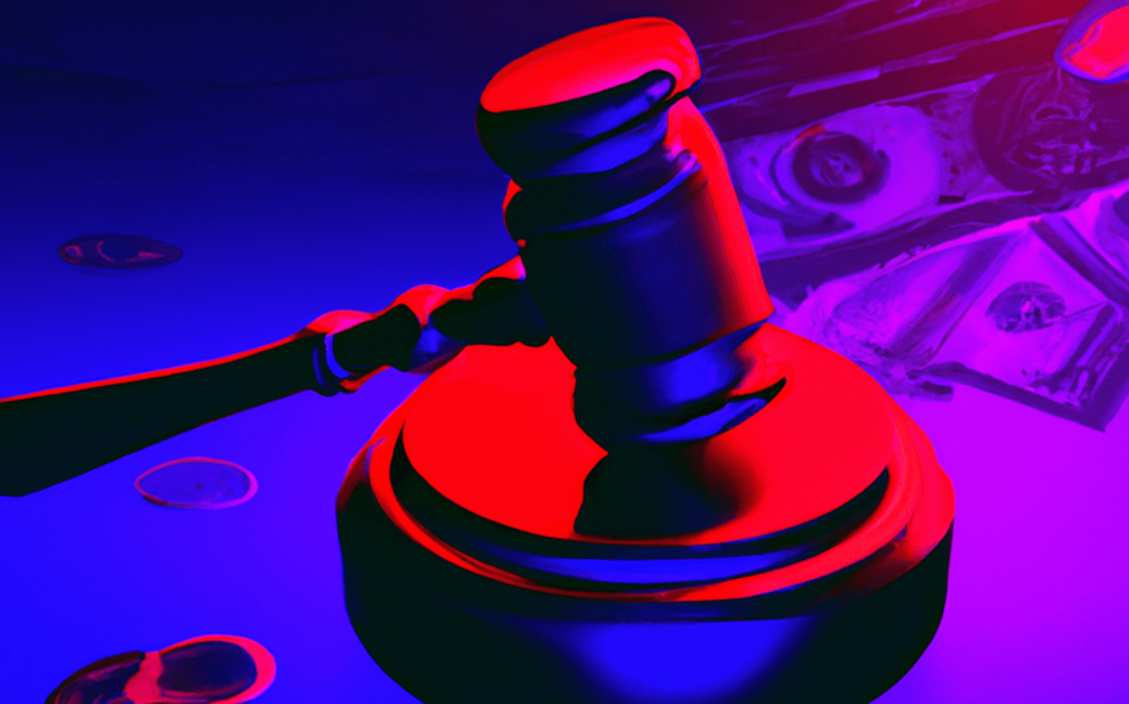 abstract court gavel in red neon colors with bills and coins in the background