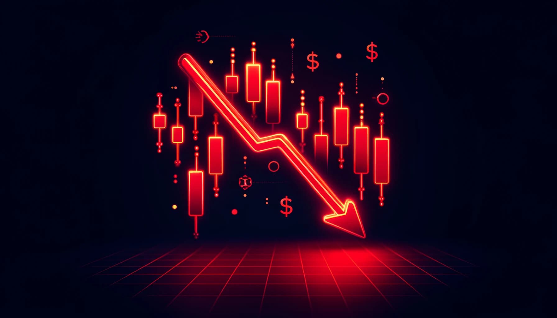 downward-trending arrows and falling bar graphs
