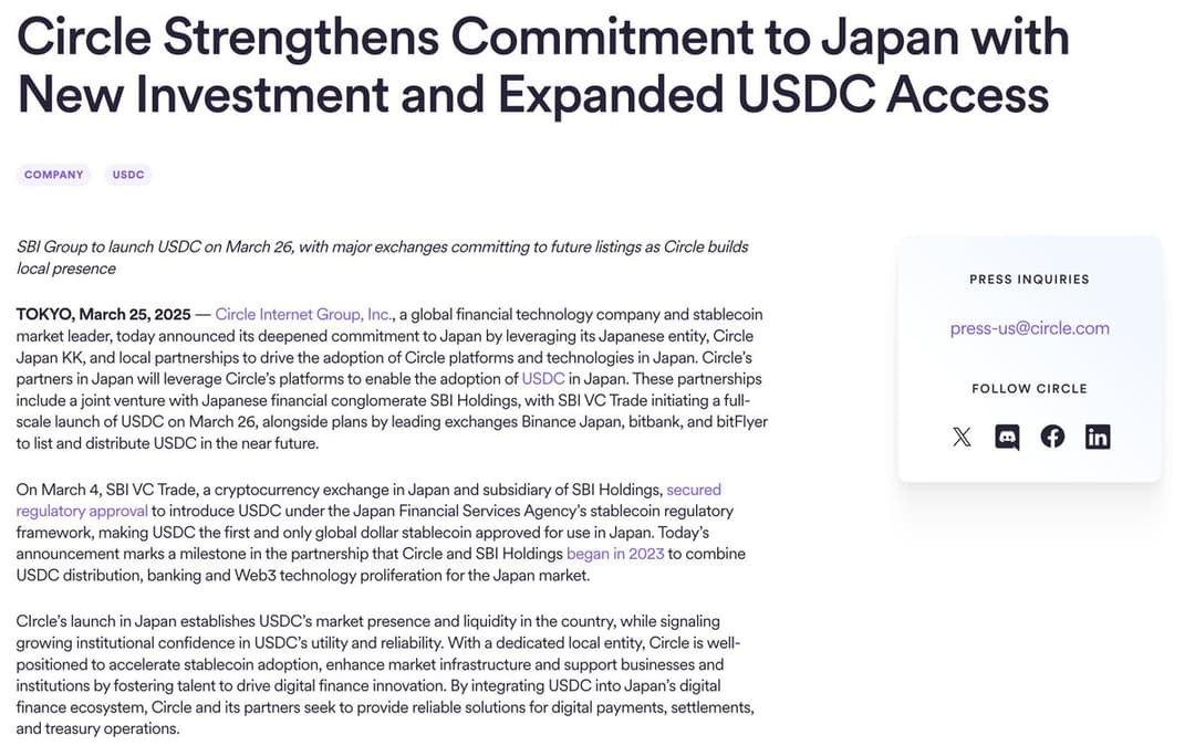 Circle Launches First Regulated Stablecoin USDC in Japan on March 26 Through SBI Partnership