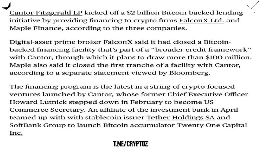 Cantor Fitzgerald Launches $2B Bitcoin Lending, First $100M Loan to FalconX With Anchorage, Copper as Custodians