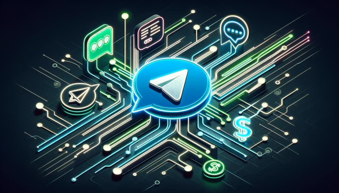abstract representations of the Telegram logo and Tether symbols, interconnected with digital lines, all highlighted against a dark background abstract representations of the Telegram logo and Tether symbols, interconnected with digital lines, all highlighted against a dark background 