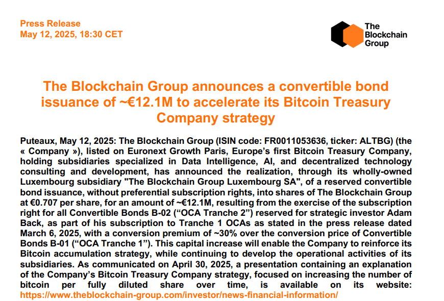 EU's First Bitcoin Treasury Company The Blockchain Group Plans €12.1 Million Bond to Expand Bitcoin Holdings