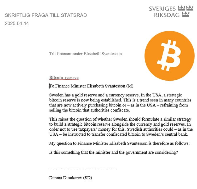 Swedish MP Dennis Dioukarev Proposes National Strategic Bitcoin Reserve Review; Finance Minister to Respond on Confiscated Assets