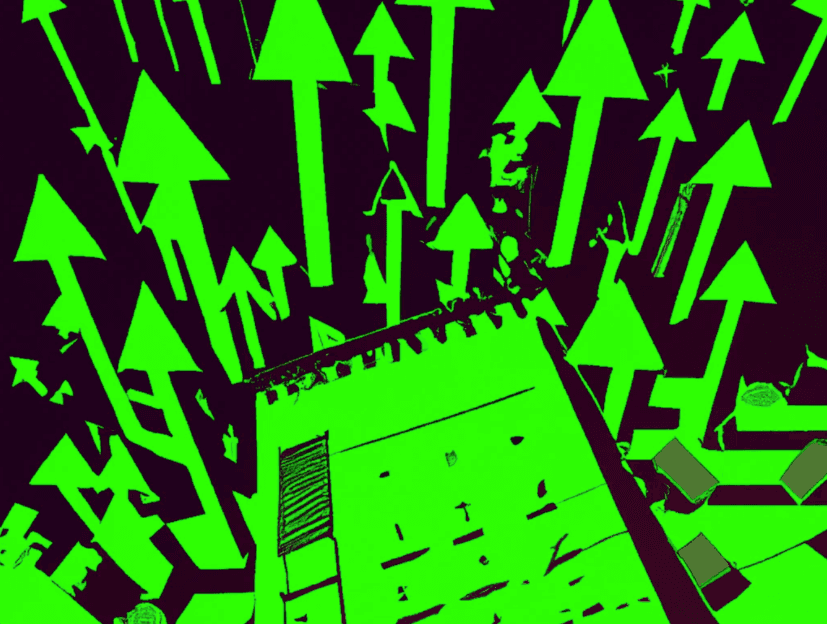 Green and black image of arrows pointing up and calendar pages 