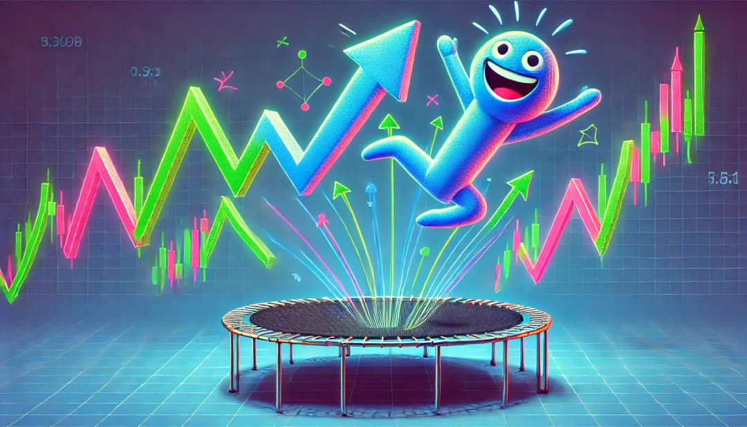 markets bouncing back, with a trampoline and upward trending arrows