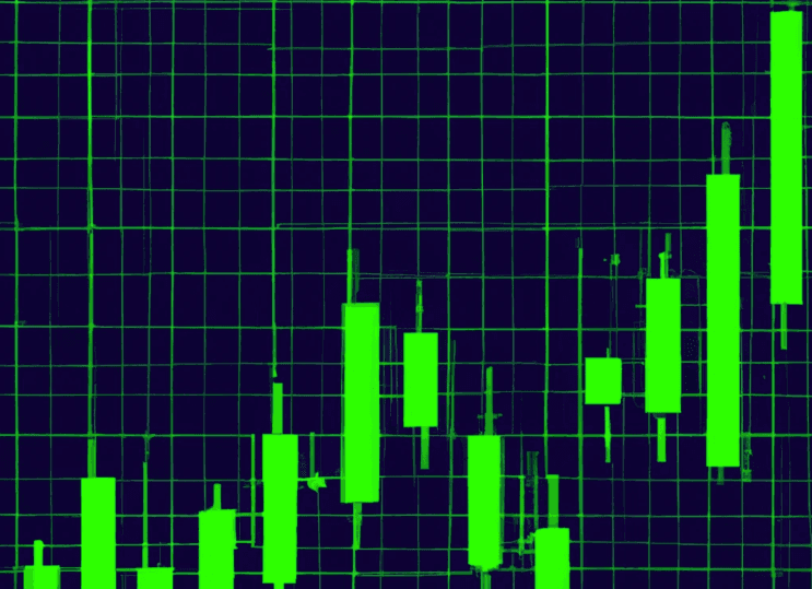 A candle chart depicting a token rising in price.