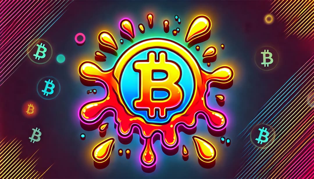 Bitcoin symbol with exaggerated drops of blood in neon colors