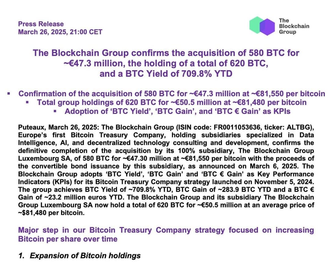 Europe’s First Bitcoin Treasury Group Plans to Acquire 260,000 Bitcoin Worth $24 Billion, 1% of Supply by 2033