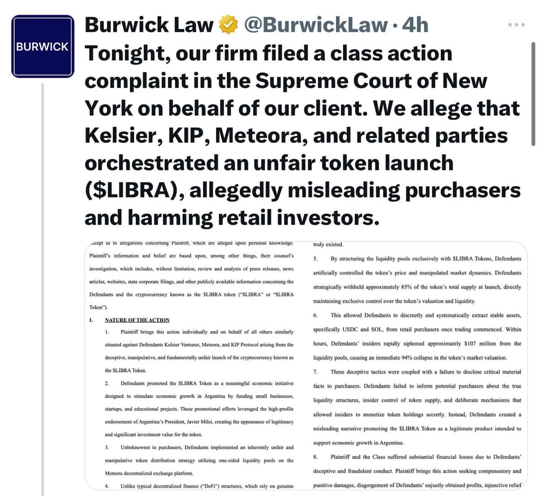 Burwick Law Sues $LIBRA Token Launch Parties Over $100M Fraud Affecting 44,000, Citing Javier Milei's Involvement