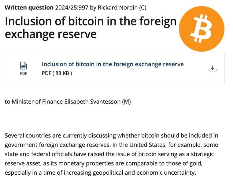 Swedish MP Rickard Nordin Proposes Bitcoin for National Reserves as Singapore Candidate Tan Urges Strategic Reserve