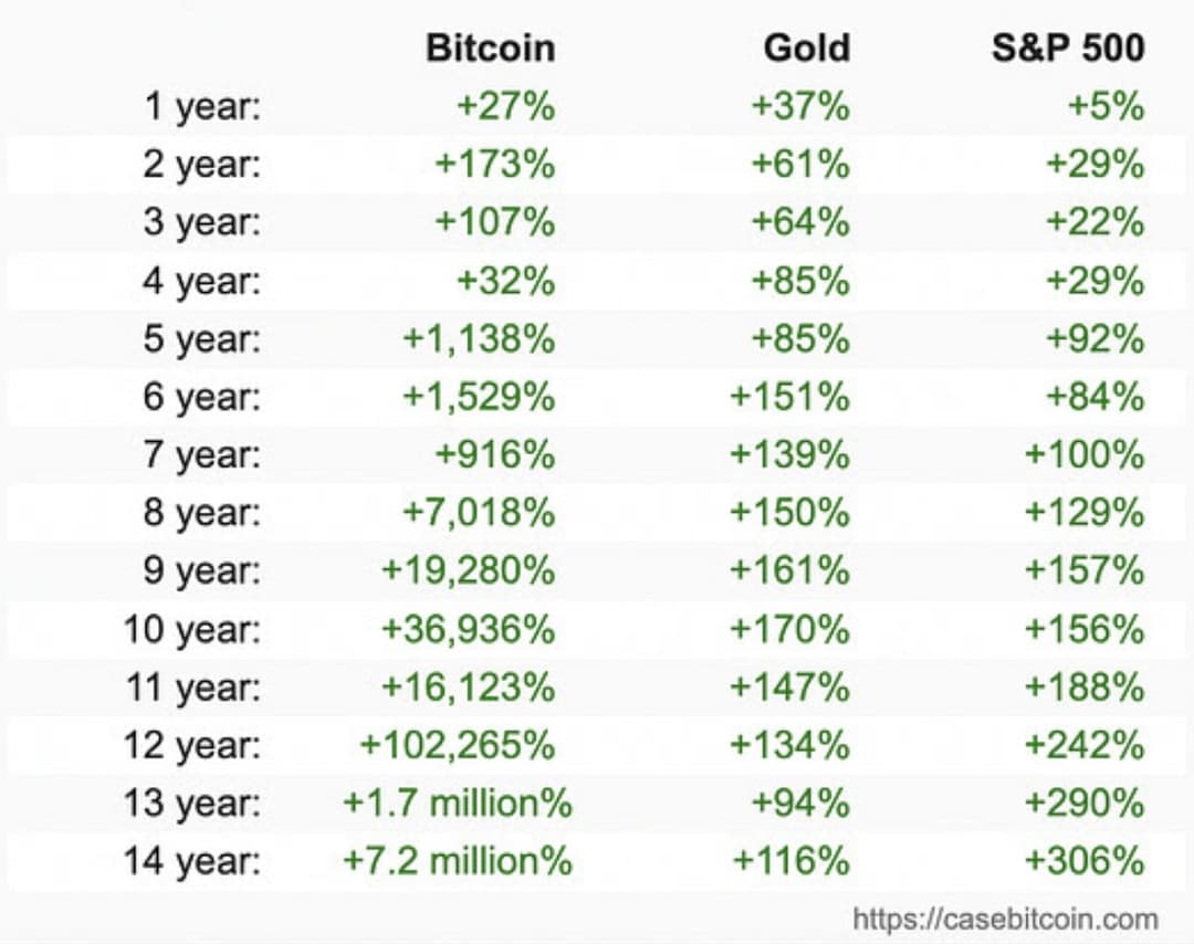 Bitcoin Achieves 7.2 Million Percent Return, Outperforming S&P 500's 306% and Gold's 116% Over 14 Years
