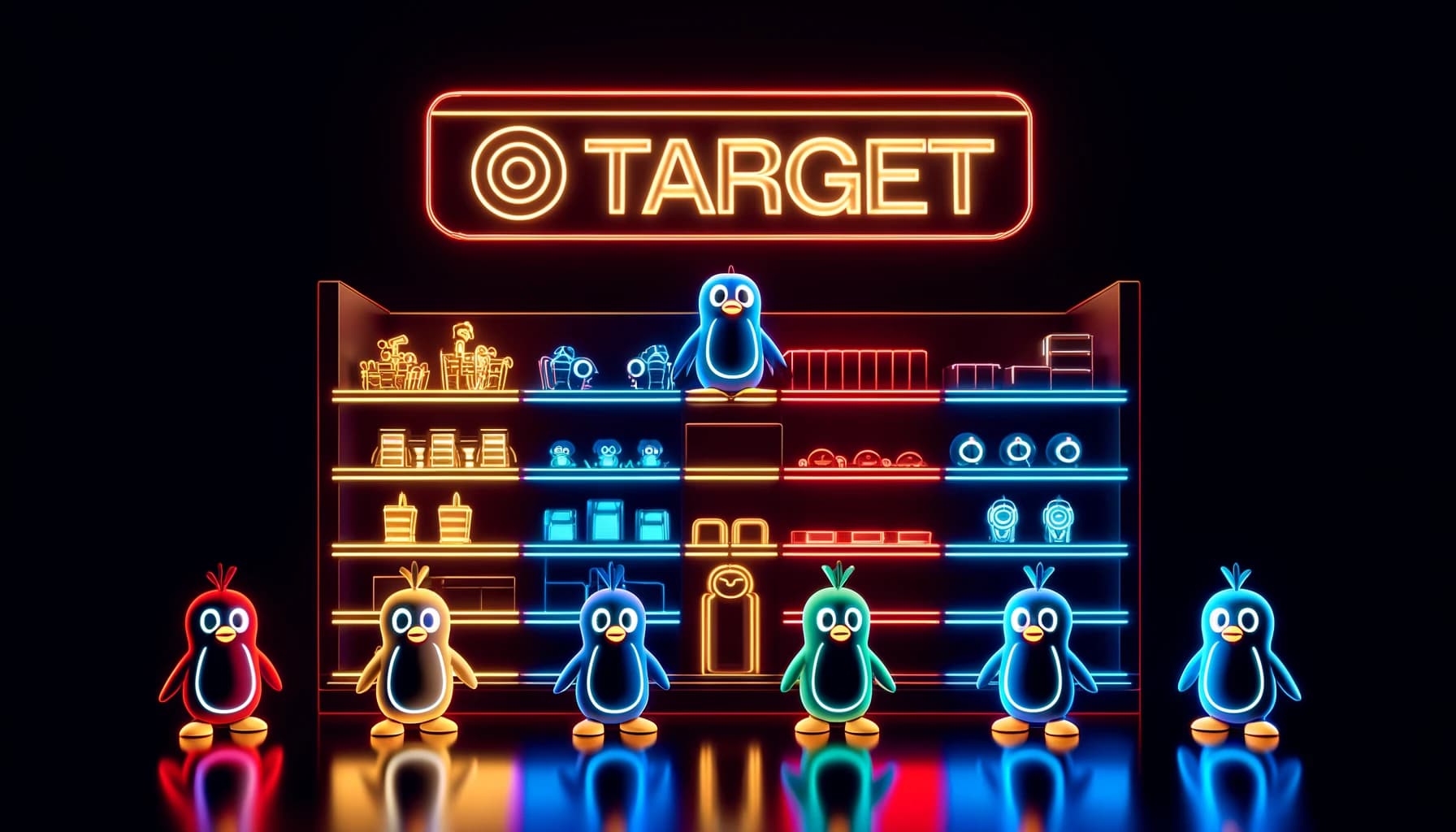 Pudgy Penguin characters as toys, glowing in neon colors like blue, white, and yellow, arranged on shelves