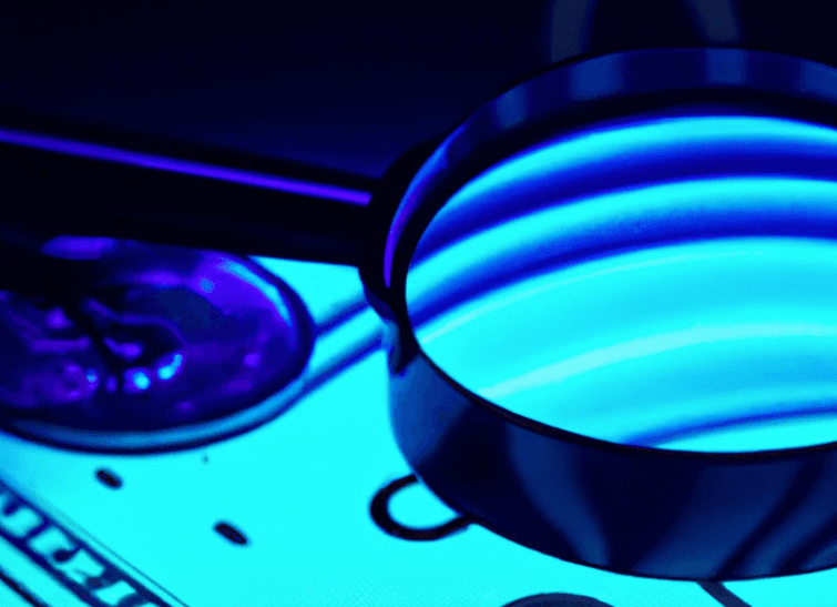 a magnifying glass laying over coins and U.S. dollar bills. colors are white and blue neon, style is cypherpunk