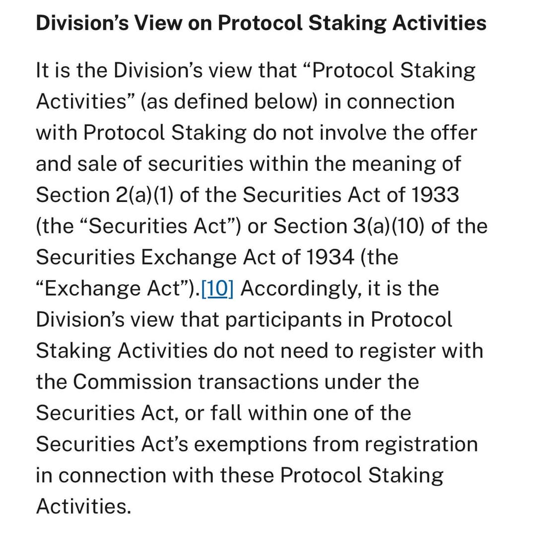 US SEC Says Protocol Staking Not a Security