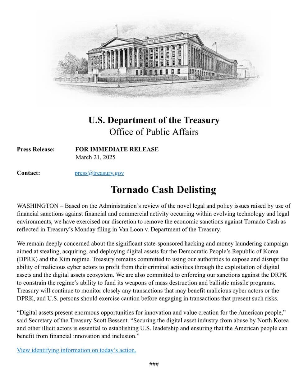 US Treasury Department Removes Sanctions on Tornado Cash