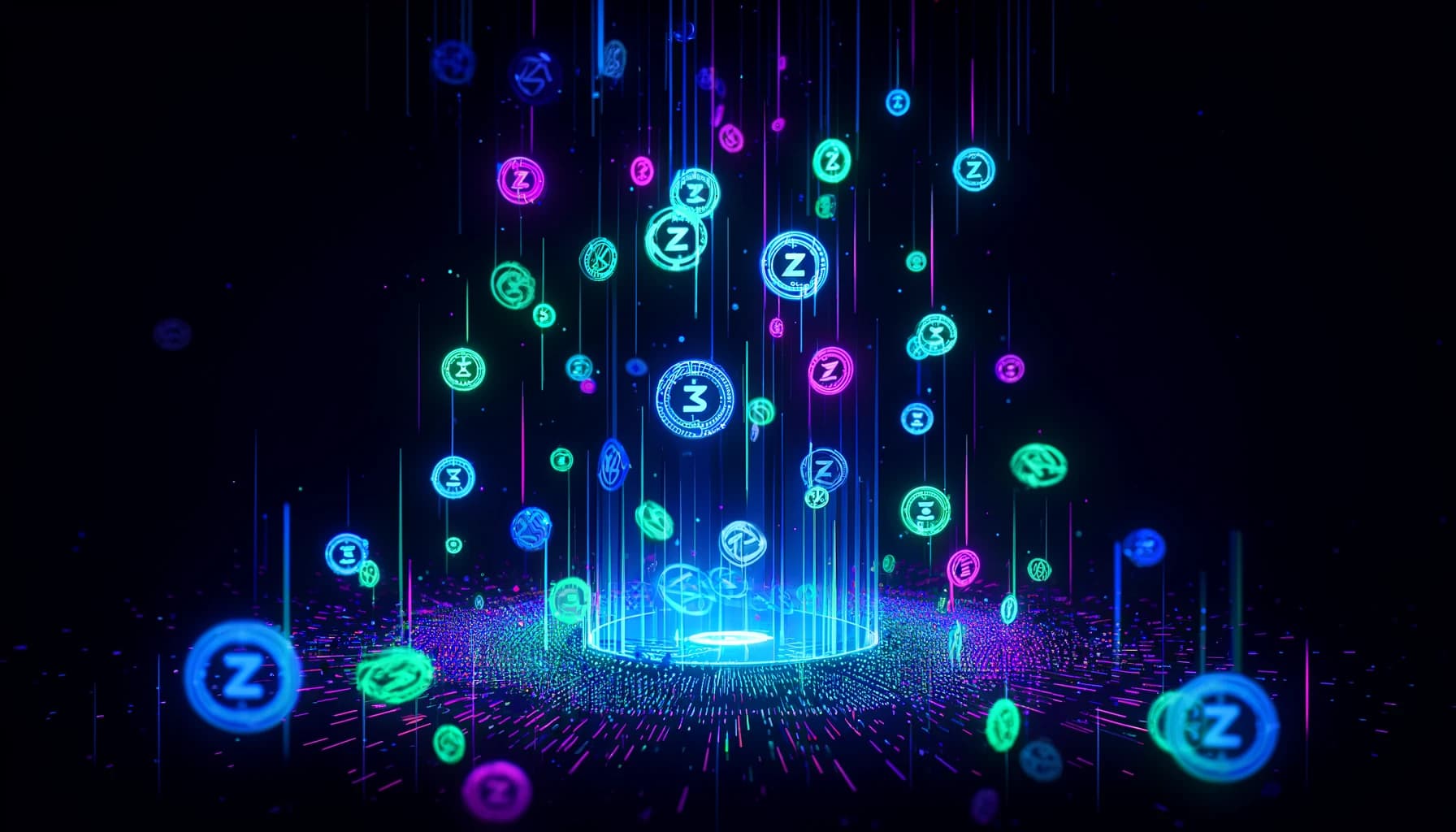 stylized digital tokens falling from above, glowing in neon blue
