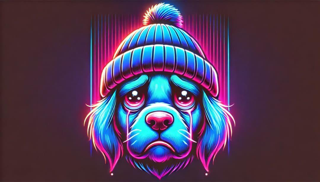 cartoon-like dog with a sad expression and neon-colored beanie