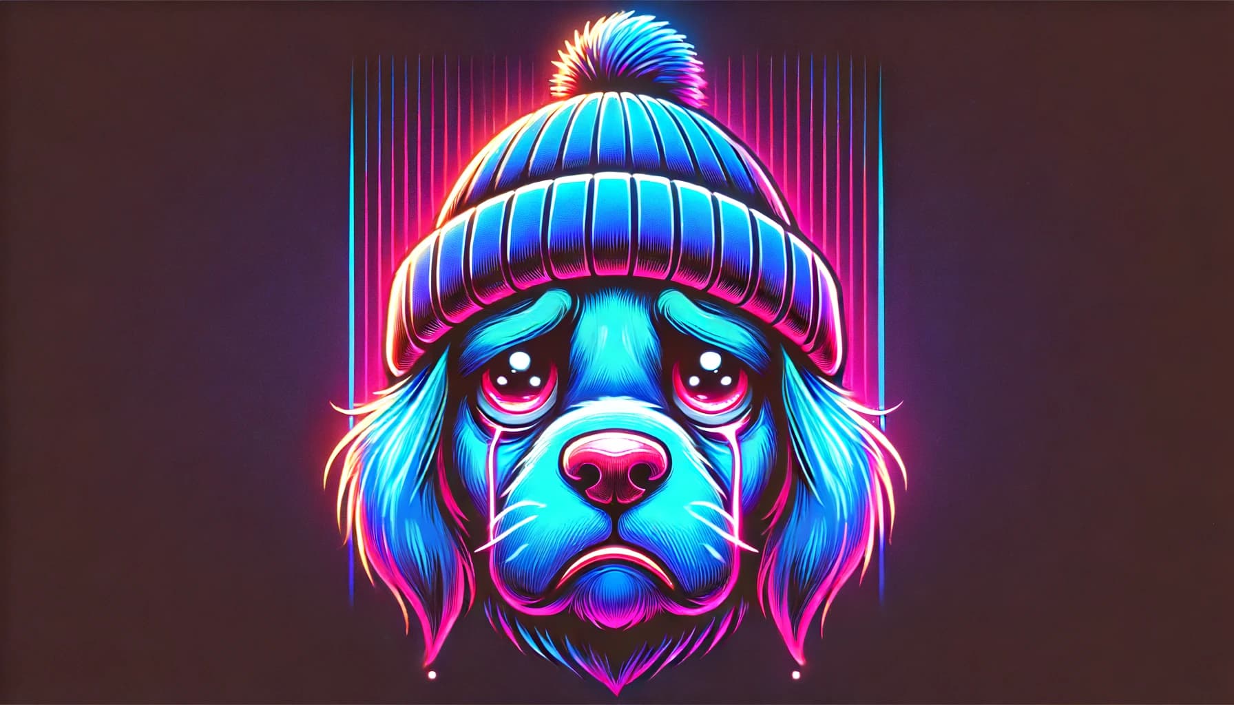 cartoon-like dog with a sad expression and neon-colored beanie