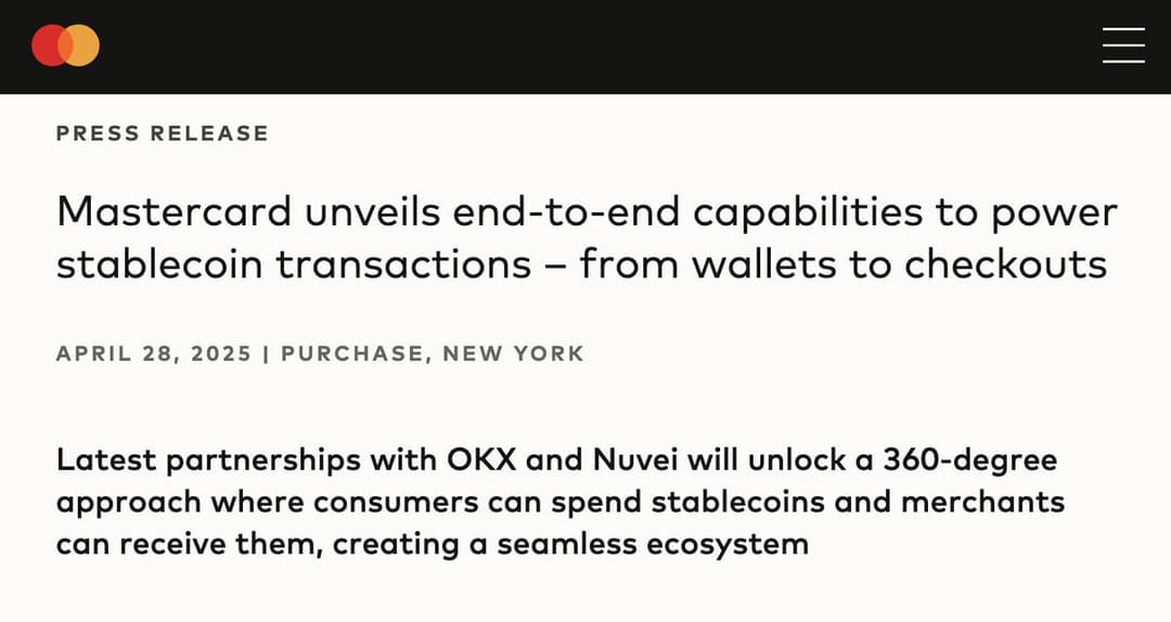 Mastercard Launches Global Stablecoin System, Enabling Payments at 150M Merchants via OKX Card and USDC Settlement