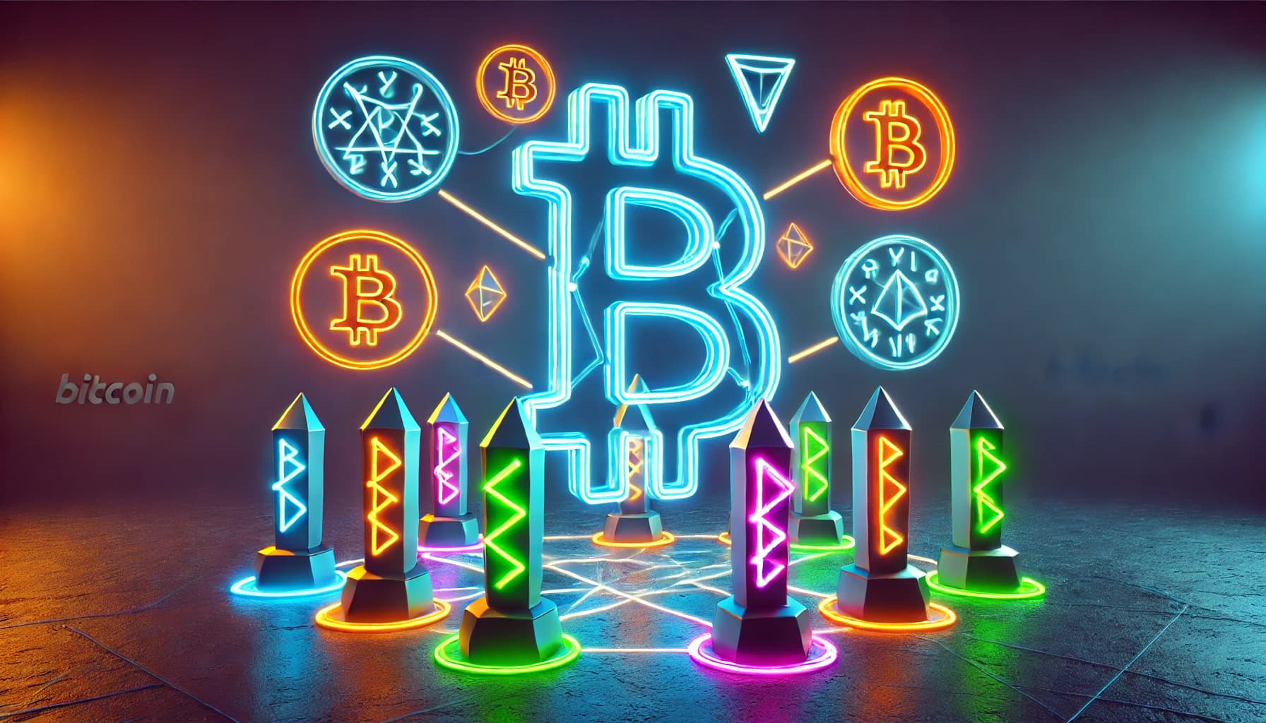 bitcoin symbol surrounded by runestones