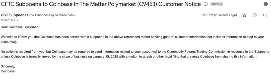 CFTC Subpoena Requires Coinbase to Provide Customer Info in Polymarket Case by January 15, 2025